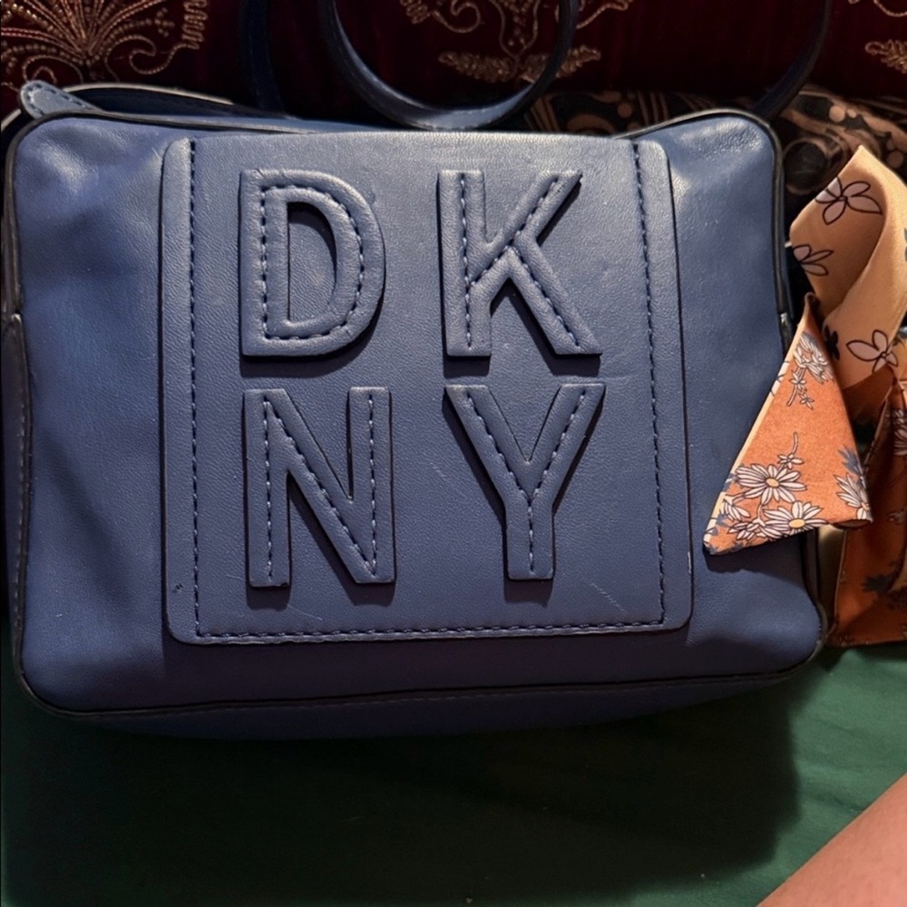 DKNY Navy Logo Crossbody Bag – Faux Leather Shoulder Bag with Scarf Detail - Picture 2 of 11